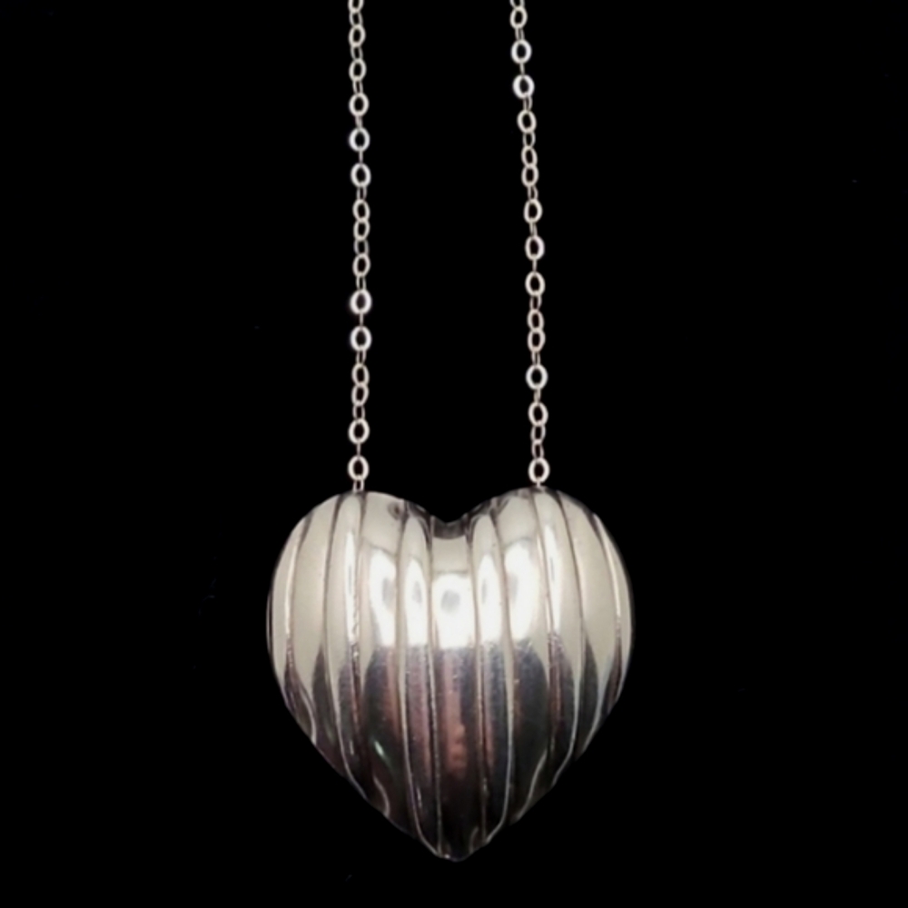 JAN YAGAR 1985 925 Vintage Striped Puffy Heart Pendant & Chain